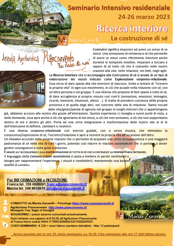 Ricerca Interiore - La costruzione di sè 2 Volantino Marzia Zunarelli Psicologa Bolona | Evento Pianconvento marzo 2023 - Ricerca interiore, la costruzione di sé